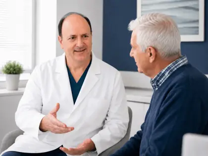 Dr. Sean Lazarus speaking with an older patient during a consultation