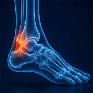 X-ray visualization of an ankle sprain showing ligament and joint area