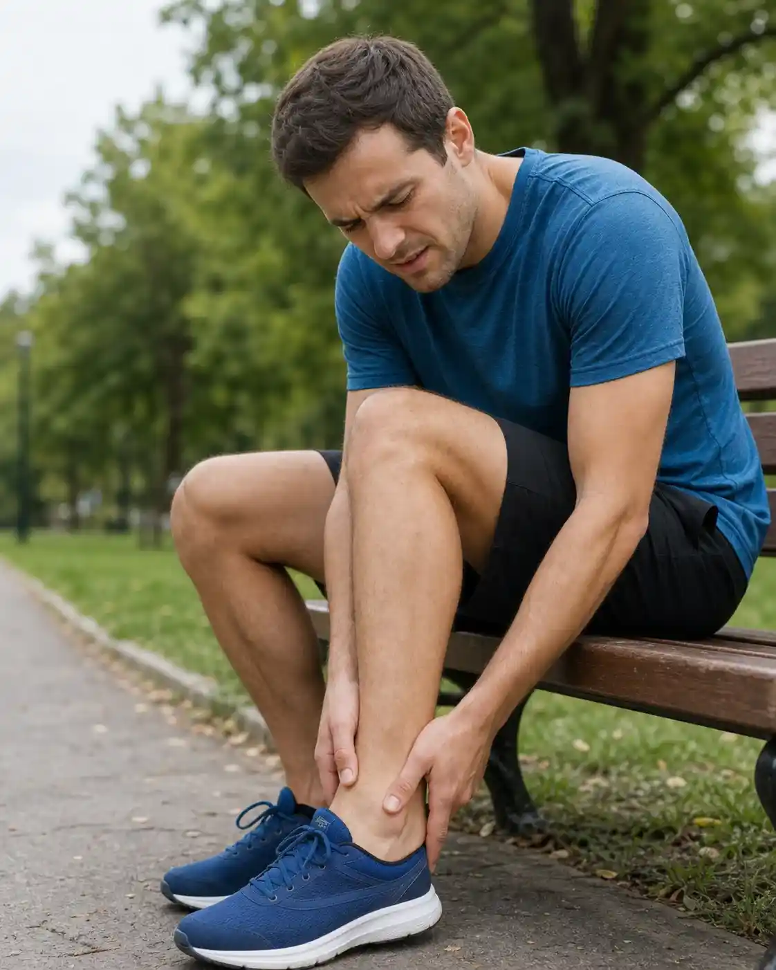 Concerned adult seated after exercise while supporting a painful and unstable ankle