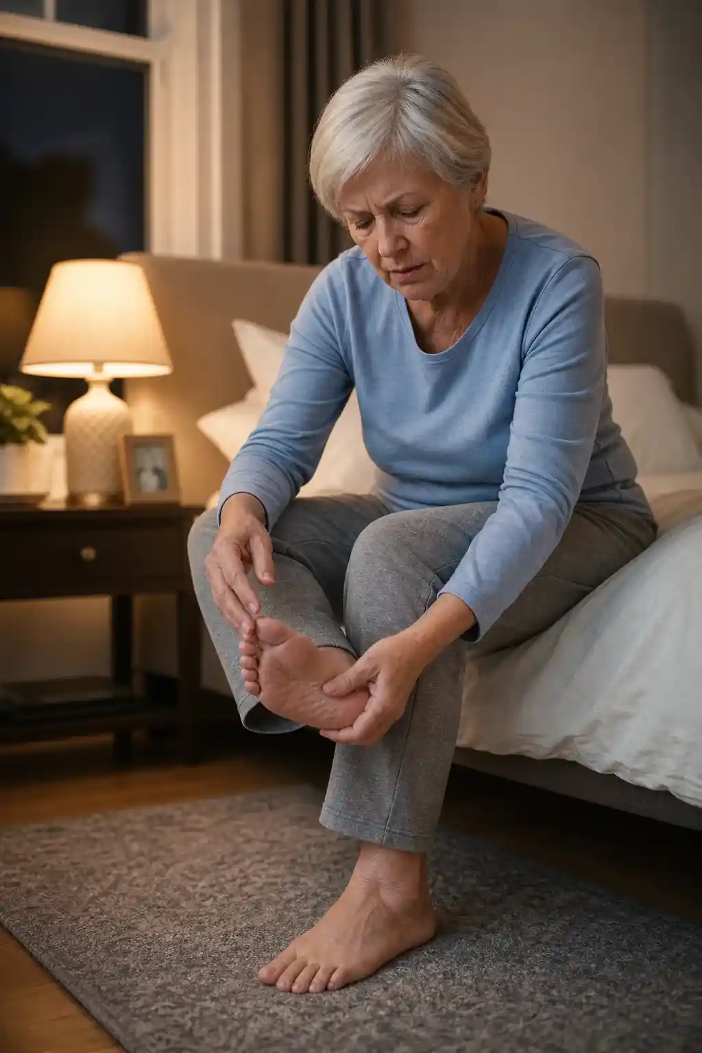 Concerned older adult examining both feet because of reduced sensation and tingling