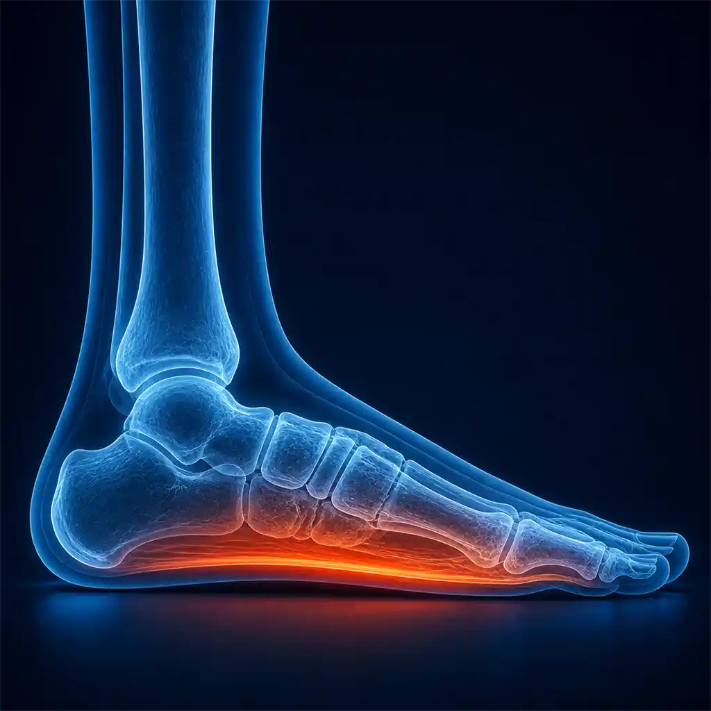 X-ray style visualization of low arch mechanics associated with heel pain