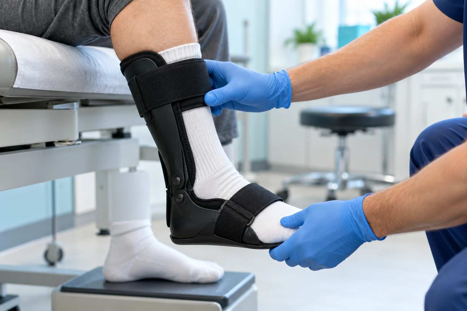 Clinician checking the fit of a custom ankle-foot orthosis on a patient