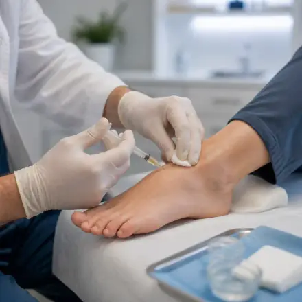 Podiatrist preparing a conservative regenerative injection for foot and ankle care
