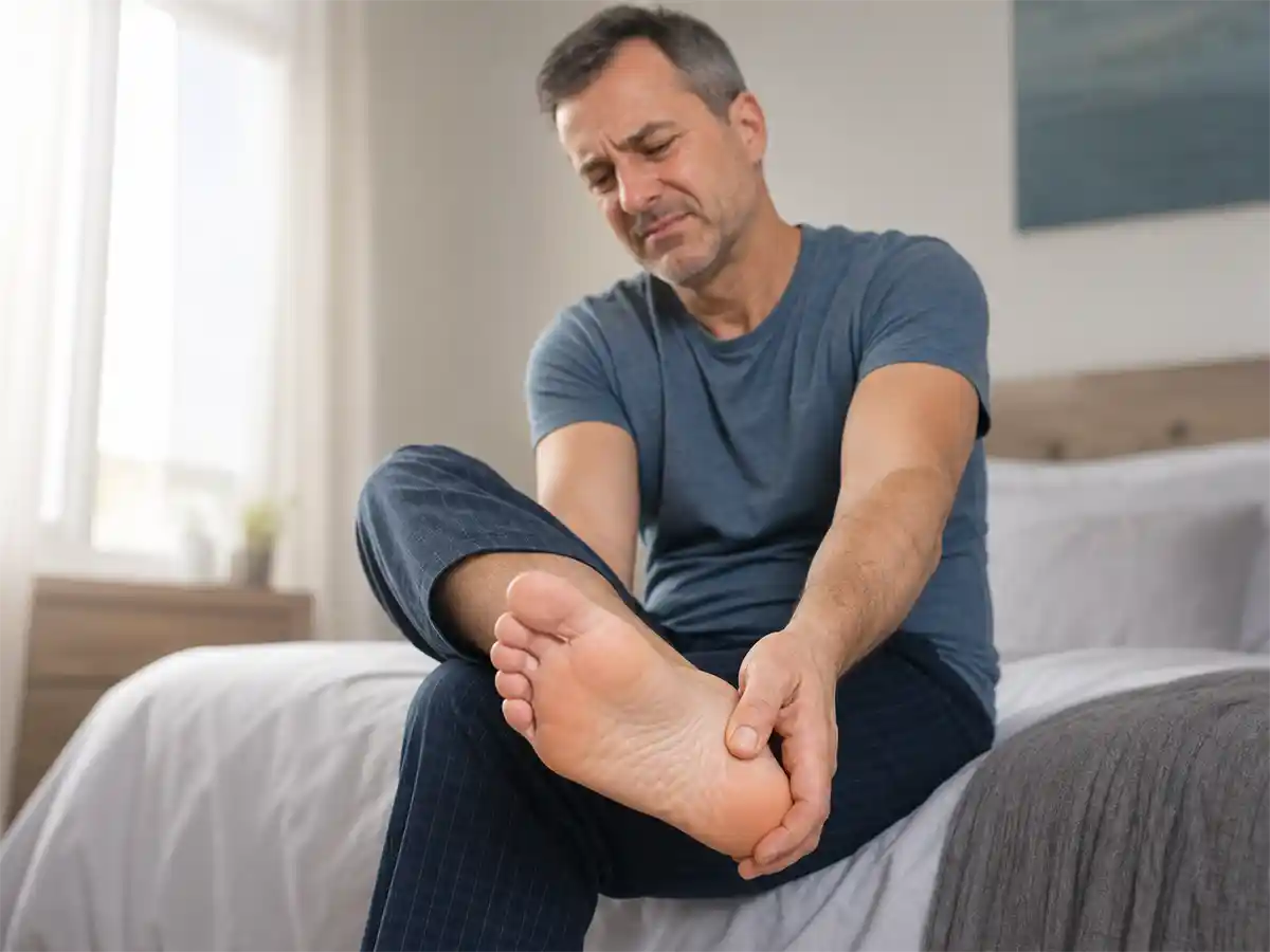 Patient with plantar fasciitis heel pain and Achilles tendon discomfort